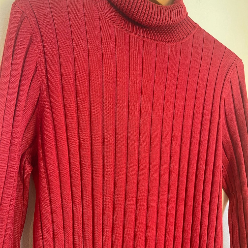 Red Silk Blend Ribbed Turtleneck Sweater XL Stretch Knit Minimalist Luxury Chic - Picture 2 of 14